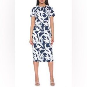 NWT Alexia Admor Quinn Stretch Sheath Midi Dress | Navy Abstract Print | Medium
